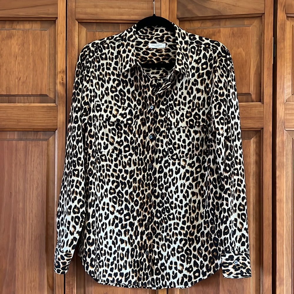 Equipment Leopard Print Button-Front Slim Signature Silk Blouse